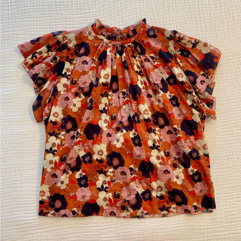 Trovata Orange and Purple Floral Blouse with Flutter Sleeves